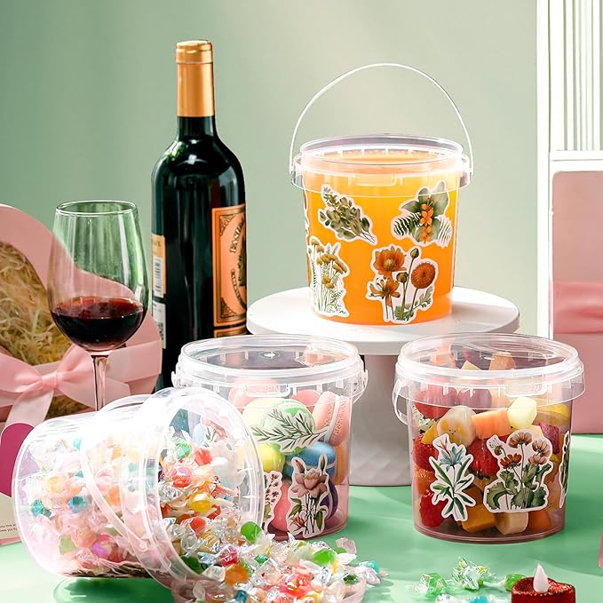 PerKoop 20 Pcs 32 oz Ice Cream Buckets with Lids and Handles Clear Cocktail Rum Buckets with Stickers Plastic Transparent Tub Reusable Food Storage Containers for Parties(Wildflower)