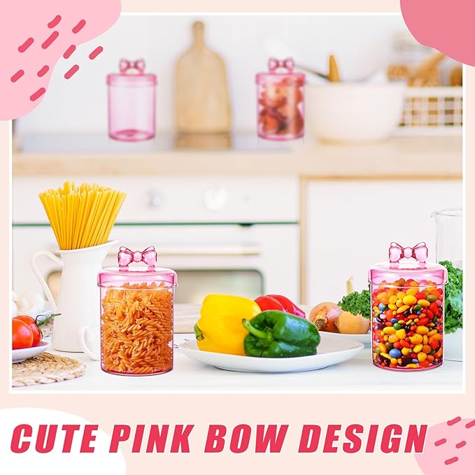 Meanplan 2 Pack Glass Candy Jar Storage Containers with Airtight Lid 30 oz Cute Food Storage Organizers for Hot Cocoa Bar Supplies, Overnight Oats,Kitchen Cookies,Coffee Beans,Dry Goods,Tea(Pink Bow)