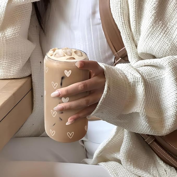 SANDJEST Heart 16oz Can Glass Tumbler with Acrylic Lid & Straw, Iced Coffee Cup for Women, Aesthetic Cups Gifts for Birthday Christmas Valentine