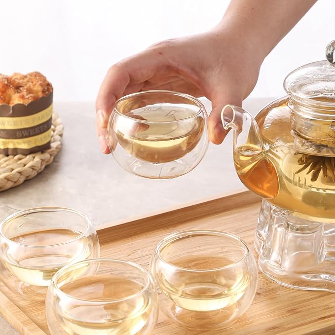 Glass Teapot Set, 34OZ/1000ML Glass Tea Kettle with Loose Tea Infuser & Warmer, 5OZ/150ML Double-Wall Tea Cup Set of 4, Stovetop & Microwave Safe Tea Maker, Blooming Tea Gift Set For Women