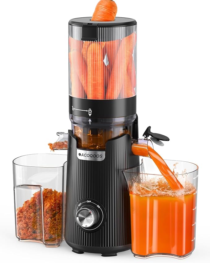 Cold Press Juicer, Auto Feed & Pre-cut, 55 RPM Slow Masticating High Juice Yield Juicer Machines, Easy to Clean, 5.3" Wide Chute, 1.8L Hopper with 2 Cups, Black