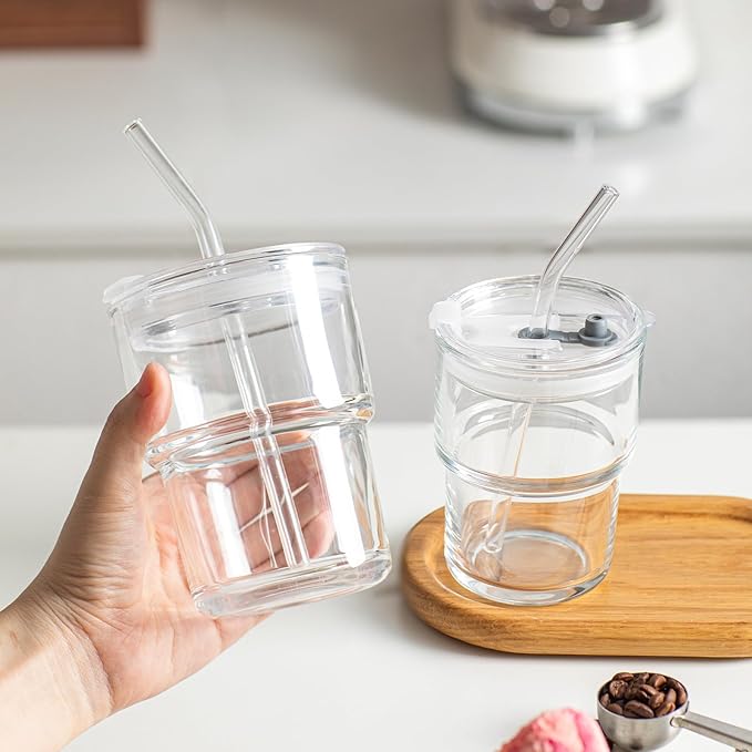 INSETLAN 13oz Portable Glass Tumblers Set of 2, Thick Wall Glass Cups with Lid and Glass Straw, On-the-Go Coffee Cups for Iced Coffee, Tea, Milk, Hot & Cold Drinks, Travel & Daily Use