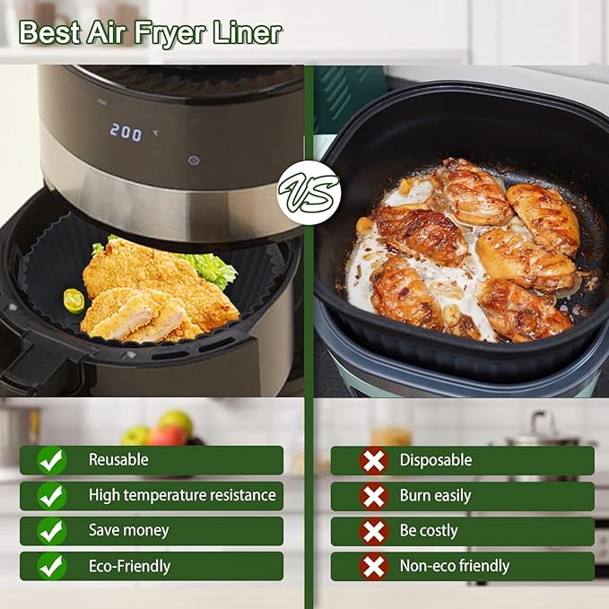 Komzon 3 Pack Air Fryer Silicone Liners, 8Inch Airfryer Liners, AirFryer Basket Liner, Reusable Food Grade Air Fryers Basket Pots Oven Liner Baking Tray, Air Fryer Silicone Mat Accessories Kitchen