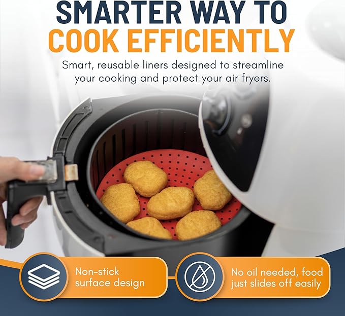 Reusable Round Silicone Air Fryer Liners (8 Inch, 3 Pack) by Linda’s Essentials - Non-Stick, Easy-Clean Accessories with Cheat Sheet & Recipe Book, Perfect for Quick Meals