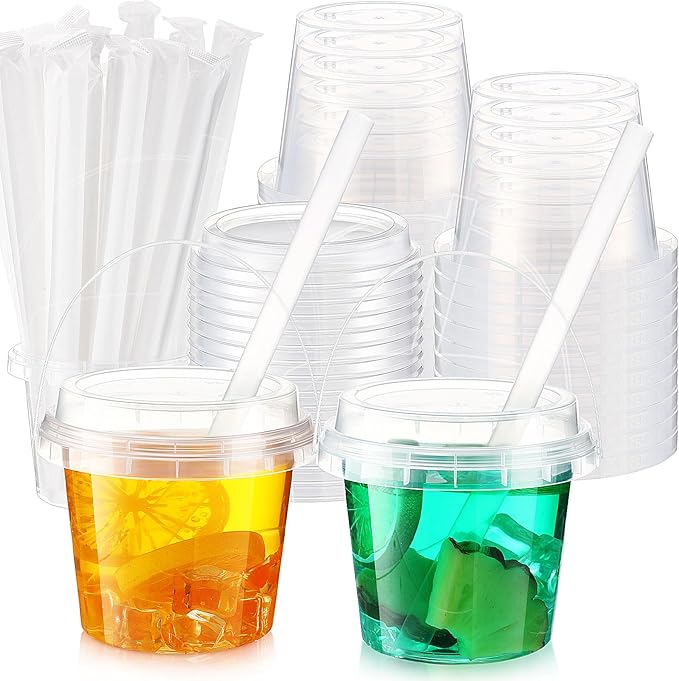 Funnymoom 15 Set 16oz Clear Plastic Drink Buckets with Lids and Straws Disposable Iced Coffee Cups Rum Buckets for Cocktail Parties Smoothie Cup Bulk with Handles for Beach Pool Party Supplies