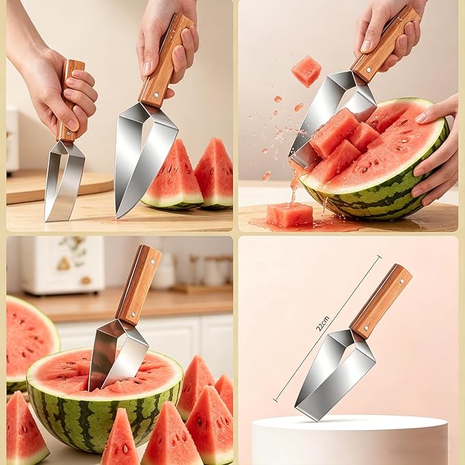 Watermelon Cutter Slicer Tool, Watermelon Slicer Stainless Steel with Wooden Handle for A Wide Variety Watermelon, Cantaloupe, Honeydew, Apples, and More (2Pcs)