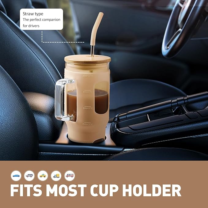 WINSA Glass Tumbler with Lid, 32 oz Glass Cup with Handle, Glass Water Bottles with Time Marker, 2 Straws - Pearl Straw & Silicone Protective Sleeve - Amber