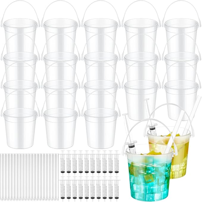 Willinglong 40 Set 32oz Clear Plastic Drink Buckets Rum Buckets for Drink with Straws, Lids and Beverage Syringes Reusable Iced Coffee Cups for Rum Wine Beer Cocktail Beverage Lemonades