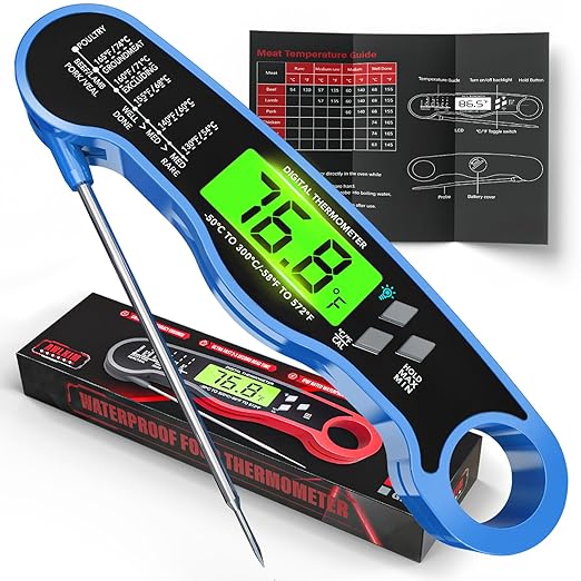 Fast Instant Read Meat Thermometer with Backlight - Waterproof Digital Food Probe for Grilling, Cooking, Baking & Candy Making - Kitchen & BBQ Essential（Blue）