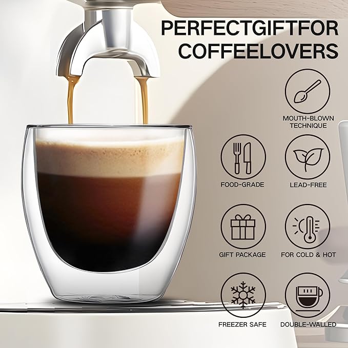 YMMIND Set of 4 Double Walled Glass Coffee Mugs 8 Ounces Insulated Layer Coffee Cups Borosilicate Glass Espresso Cup for Hot Beverage,Cappuccino,Tea,Latte,Wine,Microwave Safe