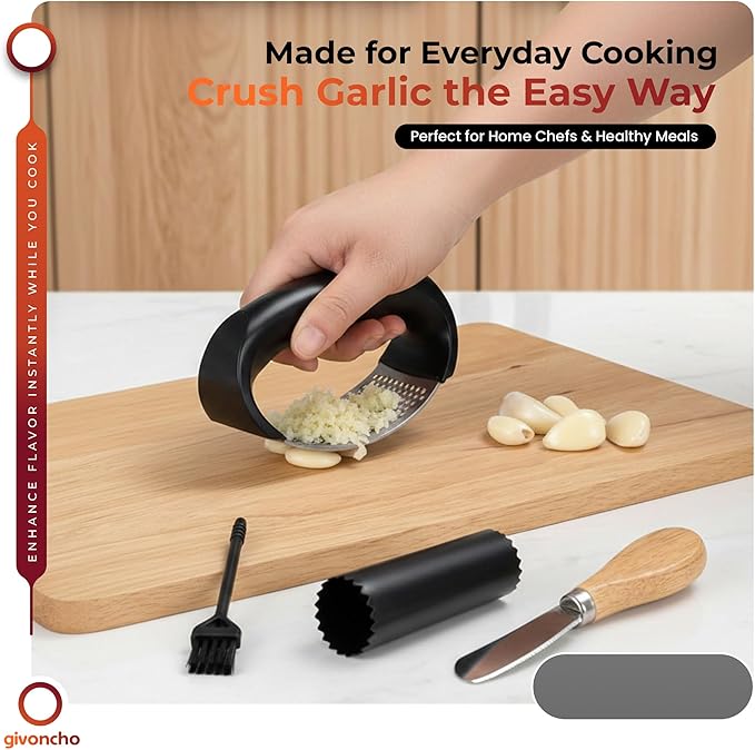 Garlic Grinder & Press Rocker Set – Stainless Steel Garlic Crusher, Mincer & Rolling Tool with Peeler, Spatula and Brush for Extracting Smooth Garlic Paste