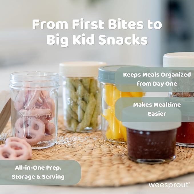 WeeSprout Baby Food Storage Glass Jars w/Lids (4 oz, 24 Pack) Bright Variety, Snack, Reusable Small Containers, Fridge or Freezer, Microwave & Dishwasher Safe, Essentials for Infants