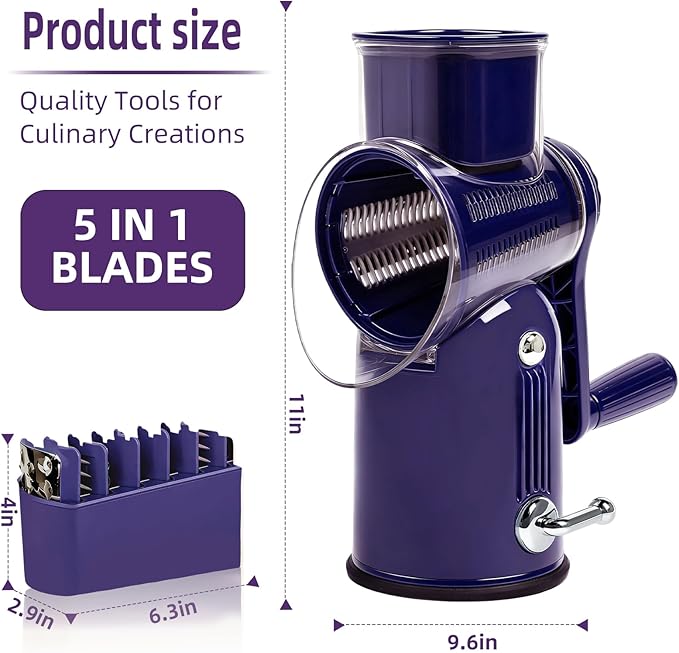 Rotary Cheese Grater with Handle, Vegetable Shredder with 5 Replaceable Blades & Strong Suction Base, Round Food Slicer & Chopper for Kitchen Fruit Vegetables Nuts with Blade Storage Box (Purple)