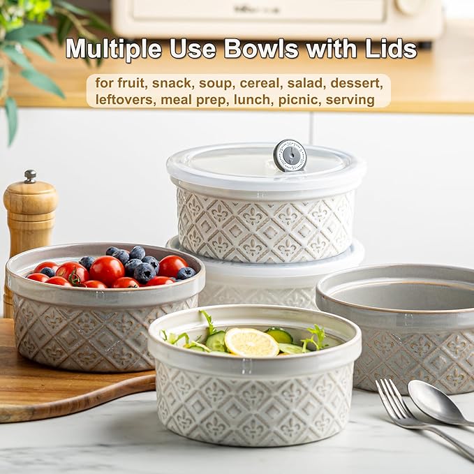 28 Oz Cereal Bowls Set with Lids, Ceramic Salad Bowls for Kitchen, Preparing, Camping, Office Lunch, 6 Inch Kitchen Food Storage Containers with Airtight Lids set of 4, Housewarming Present, Beige