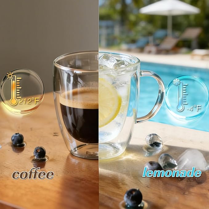Etolies 6 Pack Double Walled Glass Coffee Mugs with Handle,12oz Borosilicate Glass coffee Cups - Insulated Clear Mugs for Espresso, Cappuccino, Latte, Tea Beverages, Drinking Glasses