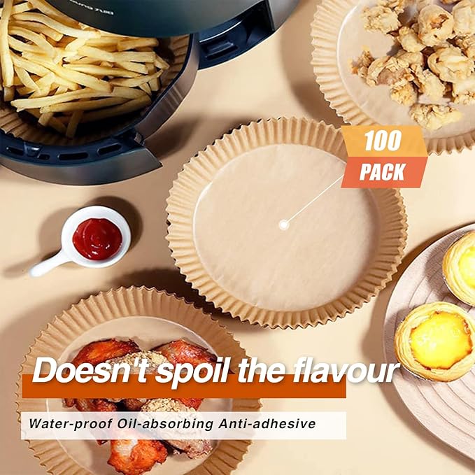 Air Fryer Liners, 100Pack Round Air Fryer Liners Disposable, Cooking Non-Stick Air Fryers Accessories, Frying Pan, Oil-proof Air Liners Disposable for 5-8 QT Baking Roasting Microwave(8"Round)