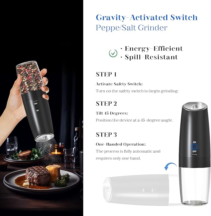 UNNEES Rechargeable Electric Salt and Pepper Grinder Set, Gravity Activated, Adjustable Coarseness, LED Light, USB Charging, Ceramic Core, 150ml Transparent Hopper, Black