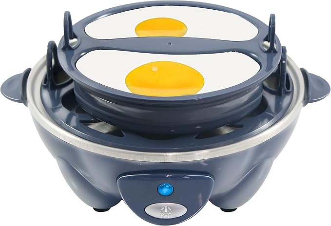 Elite Gourmet EGC710BG Rapid Egg Cooker, 7 Easy-To-Peel, Hard, Medium, Soft Boiled Eggs, Poacher, Omelet Maker, Auto Shut-Off, Alarm, 16-Recipe Booklet, BPA-Free, Slate Blue