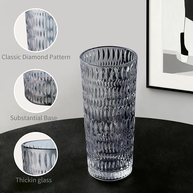 Puraville 2 Pack 18oz Glass Cups with Lids and Straws, Vintage Diamond Pattern Thickened Glassware for Whiskey Cocktail Beer, Mason Jar Drinking Glasses Tumbler Iced Coffee Cup, Black