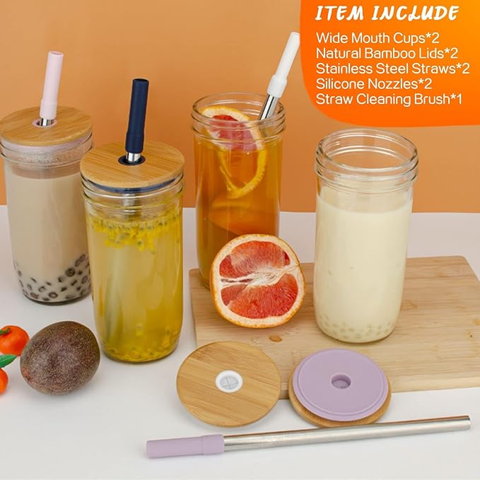 Glass Tumbler with Lids and Straws 2 Pack, 24oz Glass Drinking Jars with Lids and Straws,Reusable Wide Mouth Mason Jar Iced Coffee Cup,Smoothie Cup Coffee Travel Mug for Car/Home