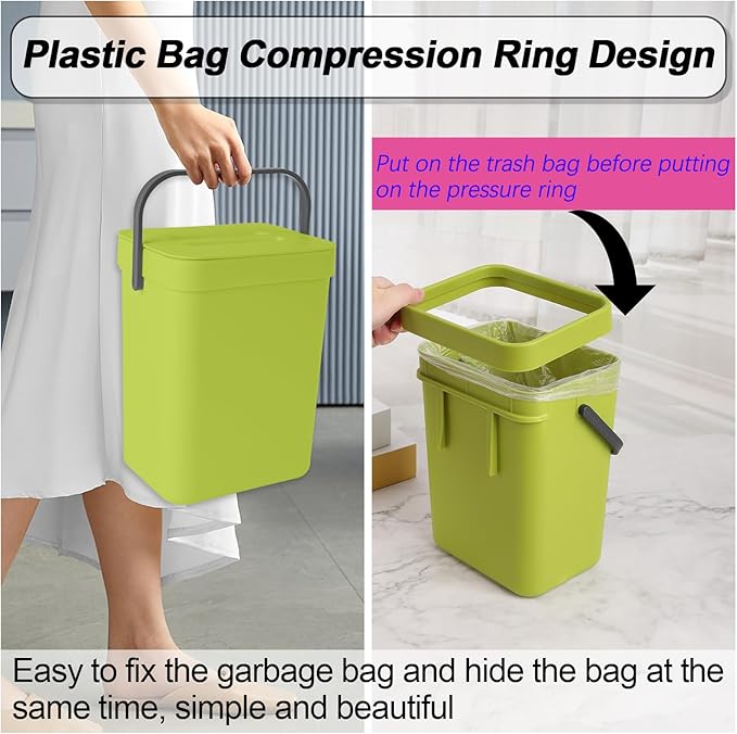 Compost Bin Kitchen, Includes 100 Trash Bags, Hanging Trash Can with Lid, Features Pet-Proof, Odor-Proof, and Quiet Opening/Closing. Suitable for Bathrooms/Bedrooms/Offices (Green, 0.8Gal/3L)