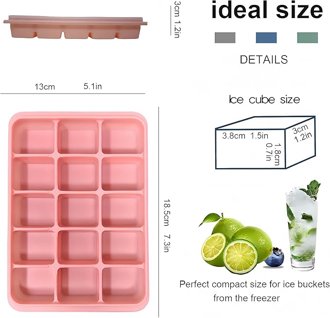 Ice Cube Trays Set of 3, Easy Release 15 Flexible Silicone Ice Cube Molds with Removable Lid Reusable Freezer Ice Trays Stackable for Whiskey, Pink