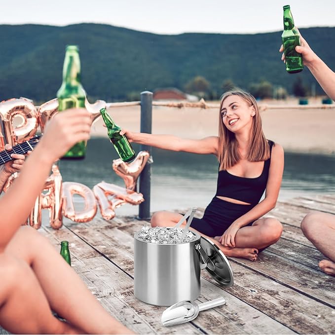 Ice Bucket with Lid, Scoop, Tongs and Strainer - Well Made Insulated Stainless Steel Keep Ice Frozen Longer - Ideal for Cocktail Bar, Parties, Chilling Wine, Champagne - 3 Liter (Stainless Steel)