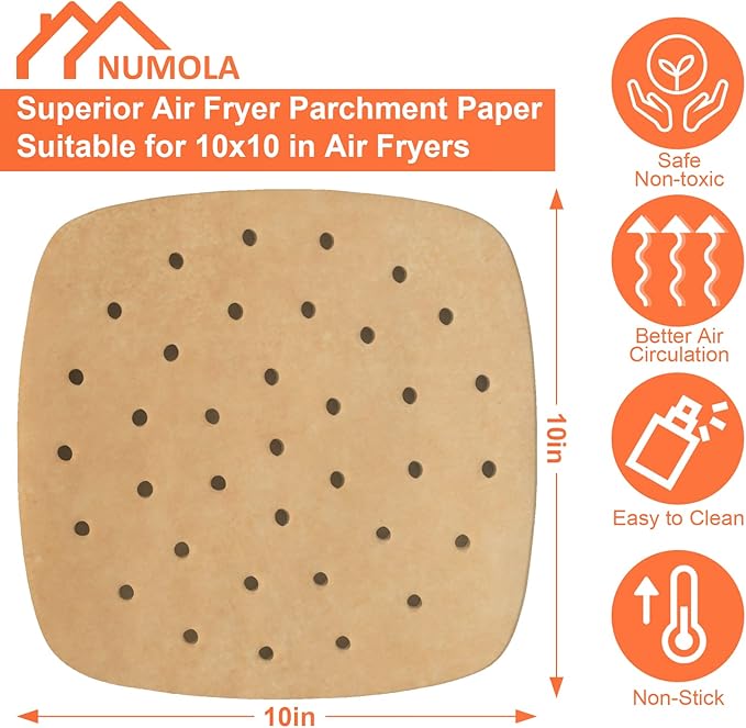 Numola 100 Pcs Air Fryer Liners Disposable Parchment Paper, 10 Inch Perforated Airfryer Sheets for Baking, Square Unbleached Non-Stick Steamer Liner for Oven, Microwave, Steaming Basket