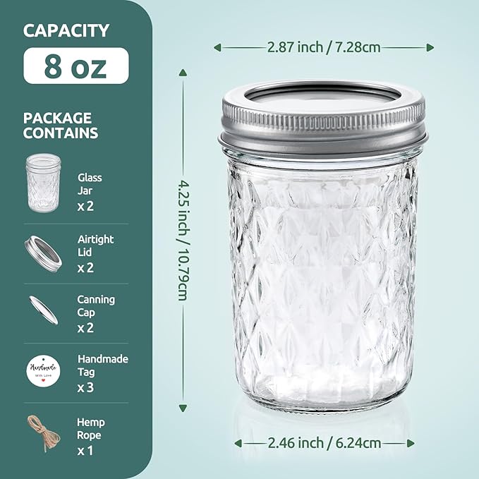 2 Pack 8 oz Mason Jars with Lids, Regular Mouth Leak-Proof Airtight Lids, Glass Canning Jars for Food Storage, Overnight Oats, Pickling & Preserving