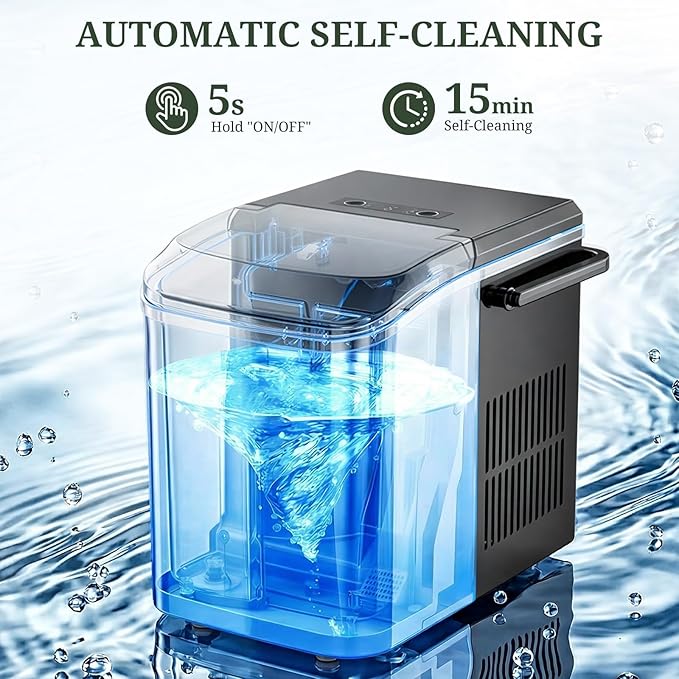 Ice Maker, Portable Ice Makers Countertop with Handle, Basket & Scoop, 26Lbs/24Hrs, 9 Bullet Ice Cubes in 6 Mins, 2 Ice Sizes, Self-Cleaning, Quiet Compact Ice Machine for Home Kitchen Party, Black