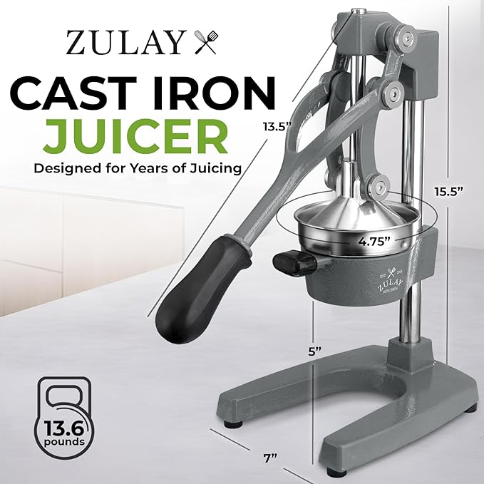 Zulay Kitchen Cast Iron Juicer - Easy-to-Clean Heavy-Duty Manual Juicer, Professional Citrus Juicer - Stainless Steel Lemon Squeezer - Manual Citrus Press & Orange Squeezer - Orange Juicer (Gray)
