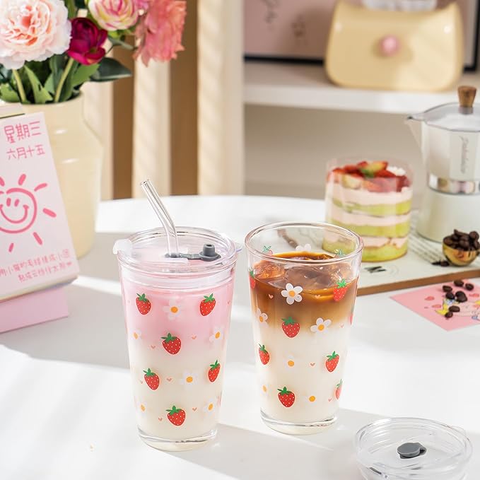 Olvini 15oz Glass Tumbler with Glass Straw and Lid, Cute Iced Coffee Cups, Aesthetic Glass Cups, Coffee Tumbler, Water Cup, Matcha Cup, Drinking Glasses (Strawberry)
