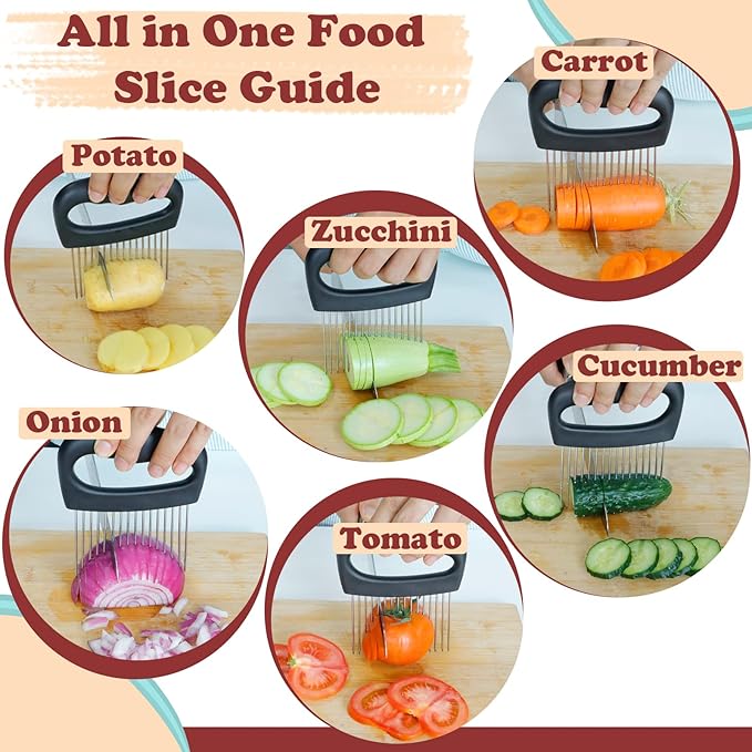 Hendiy Extra-Large Onion Holder for Slicing, Tomato Slicer with 16 Long Needles, Stainless Steel Onion Cutter Vegetable Chopper, Extra-Large Tomato Potato Slicer, Meat Tenderizer, Food Slicing Guide
