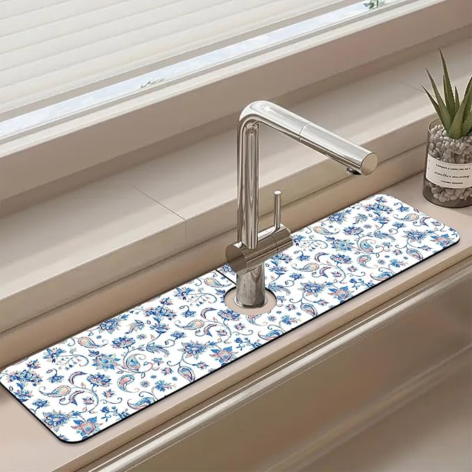 Sink Splash Guard Faucet Mat Paisley Flowers Tulips Leaves Absorbent Fast Drying Mat Sink Gadgets Splash Guard Behind Faucet Drip Catcher for Kitchen Bathroom 23.5"X5.5"