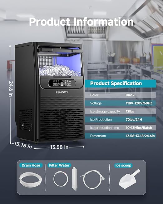 EUHOMY Commercial Ice Maker Machine,70lbs/24H,36 Ice Cubes in 8-12 Mins,Under Counter Ice Maker with Water Filter,12lbs Storage Capacity,Freestanding Ice Machine for Home/Bar/Cafe/Restaurant