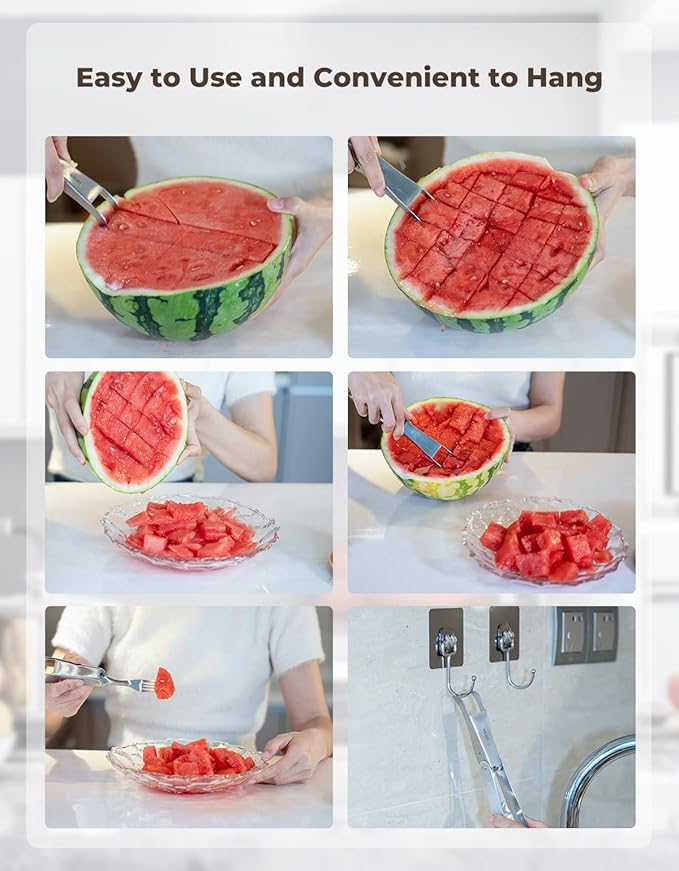 CripsTaste 2 Pack Watermelon Cutter with Retractable Fork, 2-in-1 Stainless Steel Fruit Cutter Watermelon Cutter Slicer Tool, Melon Slicer Cutter Tool for Home Party Camping Kitchen Gadget