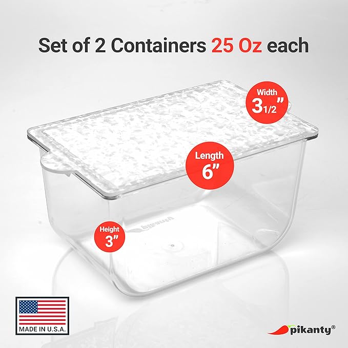 Pikanty Small Refrigerator Organizer Bins with Lids, Set of 2 - Clear Plastic Fridge Storage Containers for Condiments, Yogurt, Snacks, Cheese, Leftovers, Stackable, Dishwasher Safe, Made in USA