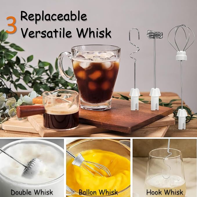 Milk Frother Handheld Rechargeable USB C, 3-in-1 Coffee Frother Wand Drink Mixer Electric Whisk Stirrer with 3 Detachable Stainless Steel Heads, 3 Speed Powder Mixer Foam Maker for Mom's Gift, Black