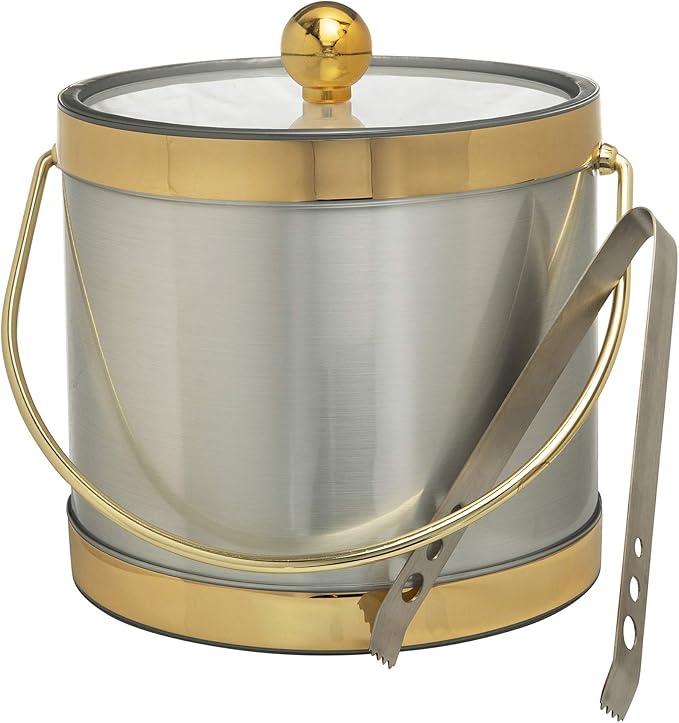 Made In USA Metallic Deco Collection Double Walled Insulated Ice Bucket With Ice Tongs (3-Quart, Silver & Gold)