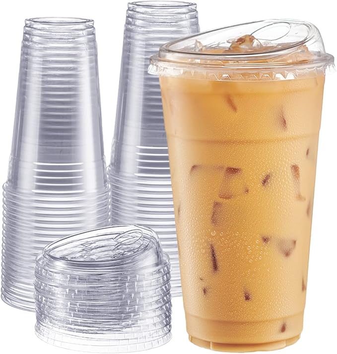 GUSTO Clear Plastic Cups with Lids [24 oz - 100 Count - Disposable Iced Coffee Drink Cups with Strawless Sip Lids for Smoothies, Juices, and More - (Formerly Comfy Package)