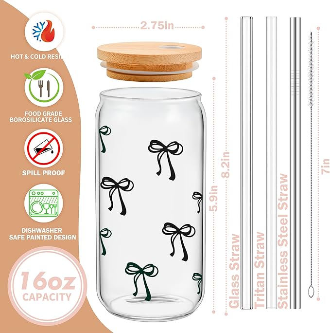 BIPEDS Cute Black Bow Glass Cup with Lid and Straws, Iced Coffee Smoothie Matcha Cup Tumbler, Birthday Gifts for Women Coffee Lover Teenage 13 14 15 16 17 18 19 years old Teen Girl Gifts Trendy Stuff