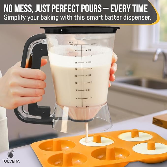 Pancake Batter Dispenser | 5-Cup Mix Pourer for Pancakes, Waffles, Crepes, Muffins, Cupcakes | Squeeze Handle, Portion Control Pitcher, Durable Drip-Free Design | Baking Accessories (Original Black)