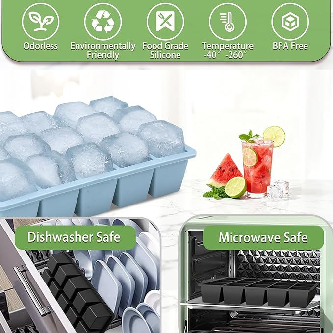 Ice Cube Trays for Freezer, 2 Pack Easy Release Slicone Ice Cube Tray with Lid, BPA Free Stackable Flexible Ice Molds 15 Square Reusable Ice Cubes for Whiskey, Baby Food, Iced Coffee (Blue)