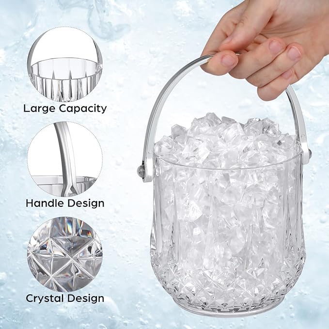 Operitacx Small Plastic Ice Bucket with Tongs and Handle Clear Portable Ice Cube Bucket 5.11 Height for Wine Beer Beverage Cooler and Party Use