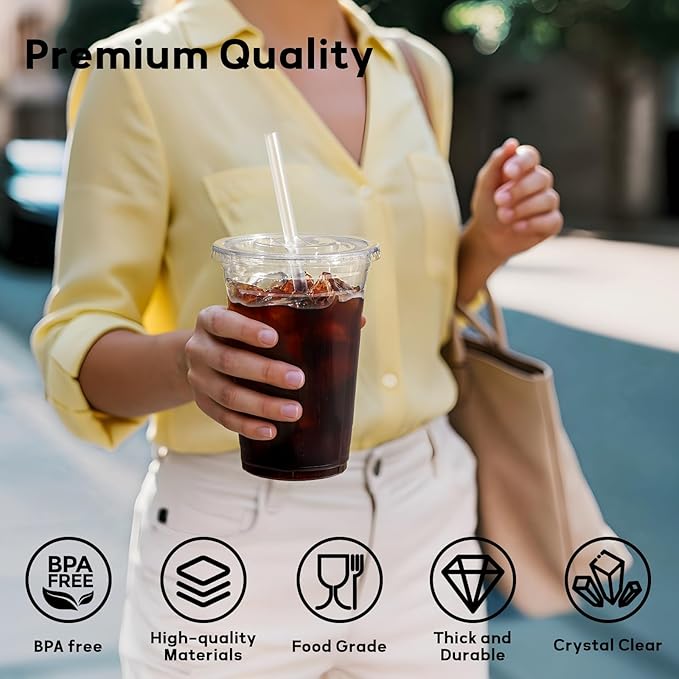 AOZITA 100 Pack - 16 oz Clear Plastic Cups with Lids and Straws, Food Safe Disposable Iced Coffee Cups for Cold Beverages, Smoothies, Iced Coffee, Leak-Proof, BPA-Free