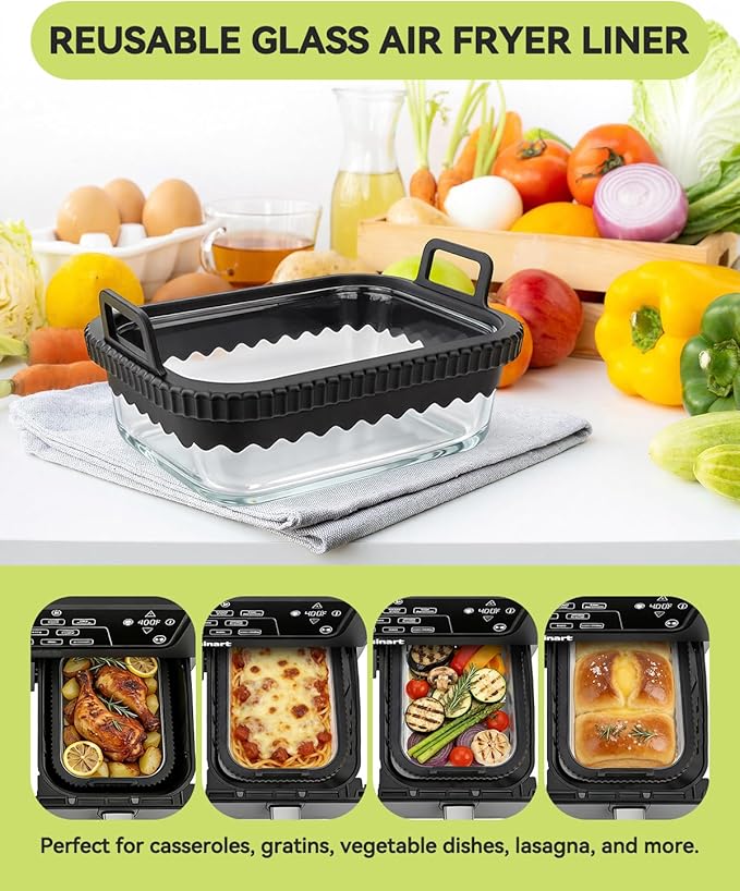 Air Fryer Glass Liner Reusable with Removable Silicone Ring, Air Fryer Accessories for Ninja Foodi DZ201/DZ401/DZ550, for COSORI/Chefman/Instant, Heat-Resistant, Dishwasher Safe & BPA-Free
