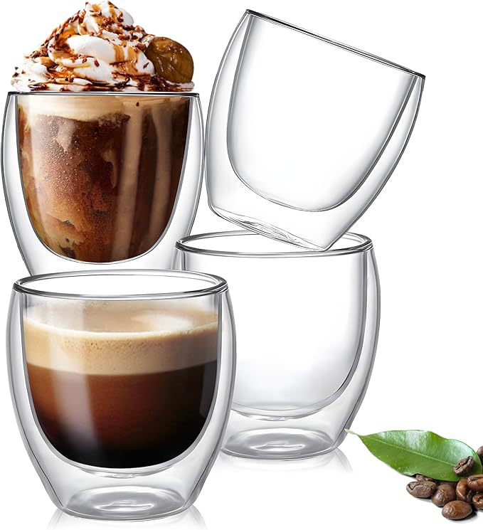 YMMIND Set of 4 Double Walled Glass Coffee Mugs 5 Ounces Insulated Layer Coffee Cups Borosilicate Glass Espresso Cup for Hot Beverage,Cappuccino,Tea,Latte,Wine,Microwave Safe