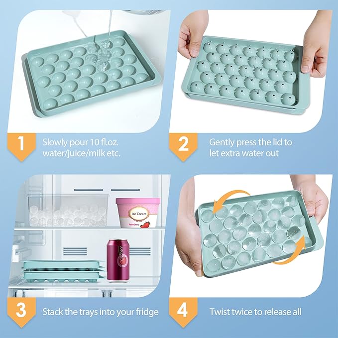 WIBIMEN Ice Cube Tray with Lid and Bin - Round Ice Trays for Freezer with Lid - Ice Cube Trays for Freezer with Ice Container (0.8"-2PACK Blue)