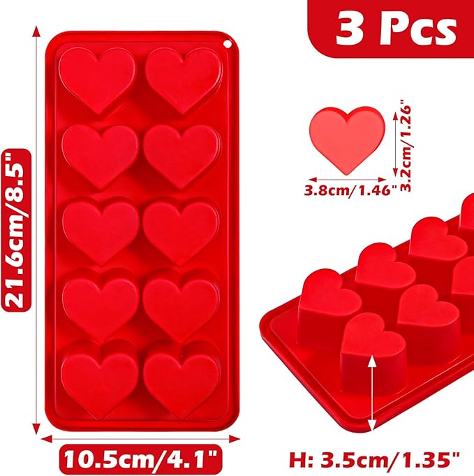 Webake Heart Ice Cube Molds, 10-Cavity Heart Shaped Silicone Molds for Chocolate, Ice Cubes, Candy, Soap, Pink Red Ice Cube Trays for Cocktails, Whiskey, Drinkings (Pack of 3)