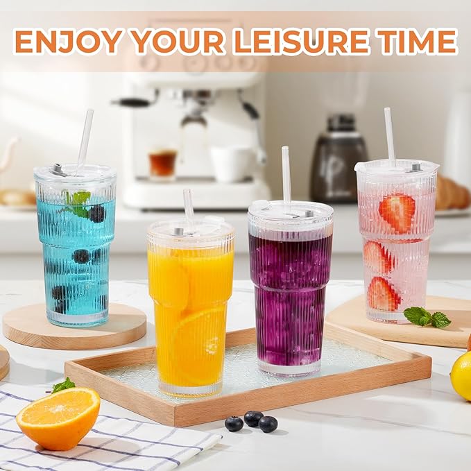 6 Pack 20 Oz Glass Cups with Lids and Straws Iced Coffee Cups Vintage Ribbed Glassware for Beer Ice Coffee Fruit Juice Elegant Aesthetic Cup Glass Iced Coffee Tumbler Include 3 Cleaning Brushes